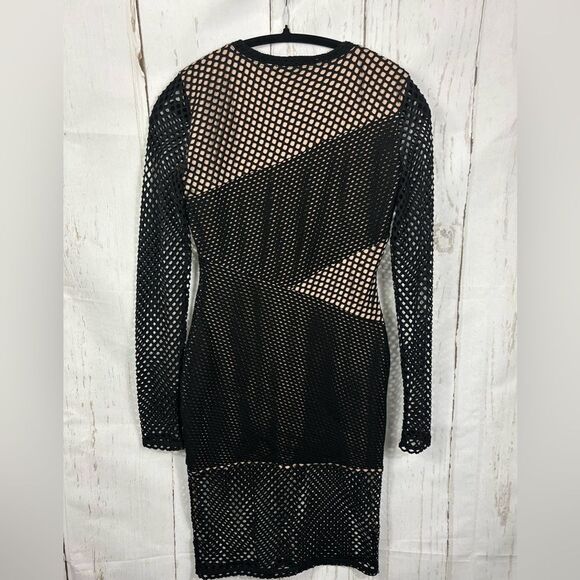 BCBGMAXAZRIA Asymmetrical Mesh Body-Con Dress Black Nude - Picture 2 of 11